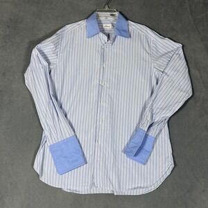 Brioni Blue Stripe Dress Shirt French Cuff Contrast Collar XL (L Tag) Italy